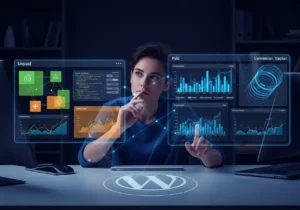 Nainen istuu työpöydällä, jossa on kannettava tietokone ja näyttö, joka esittää graafeja